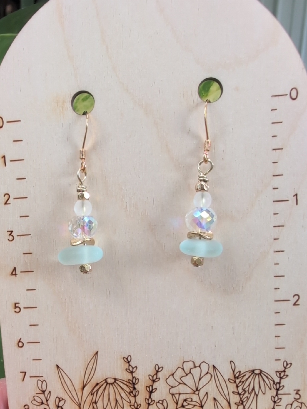 Goldtone Earrings with Pale Mint Beads and Iridescent Crystal
